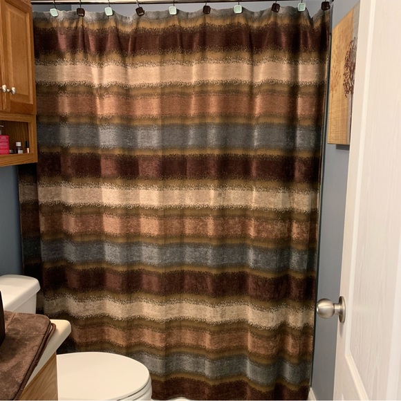 Earthy Brown and Blue Striped Shower Curtain - Picture 1 of 9